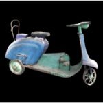 A weathered, vintage-style metal tricycle scooter sculpture featuring a distressed indigo and teal patina with authentic industrial detailing.