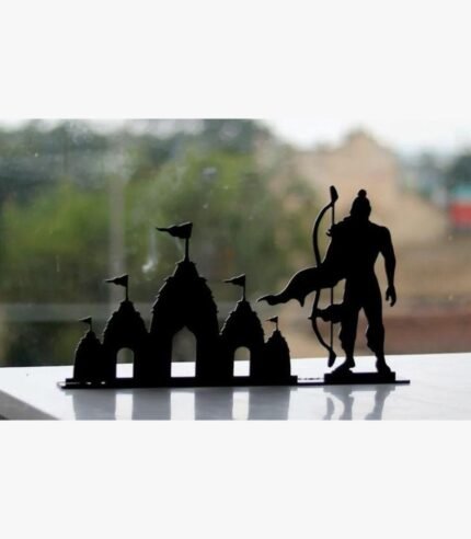 A sleek, matte black laser-cut metal silhouette of the Ram Mandir temple alongside Lord Rama holding a bow, perfect for spiritual home decor.