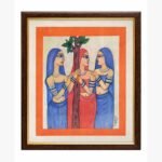 A vibrant watercolor and marker painting by Kena Anshuman featuring three women in blue and red traditional attire standing by a tree.