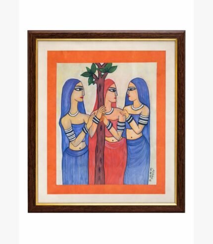 A vibrant watercolor and marker painting by Kena Anshuman featuring three women in blue and red traditional attire standing by a tree.