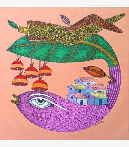 An original mixed media painting on canvas titled 'Cut me not' by Navneet Rathod, featuring intricate stylized figures and nature-inspired motifs.