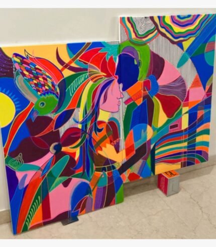 A large-scale vibrant abstract acrylic painting by Mansi Virani depicting a colorful, stylized embrace between two figures surrounded by a multi-colored bird and floral motifs.
