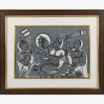 A sophisticated black and white Madhubani painting by Kena Anshuman featuring a divine couple and attendants in traditional Indian folk style.