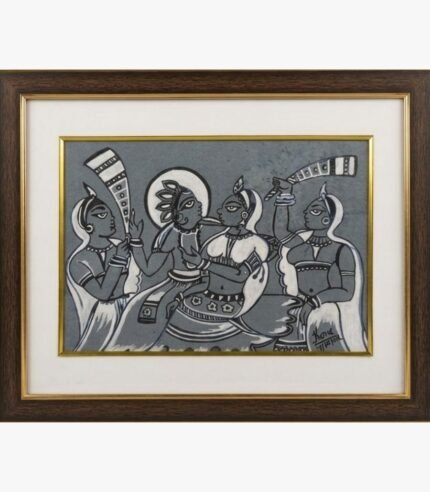 A sophisticated black and white Madhubani painting by Kena Anshuman featuring a divine couple and attendants in traditional Indian folk style.