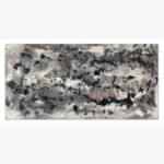 An expressive abstract mixed media painting titled 'Rubicund-3' by Bhavdip Jidiya, showcasing monochromatic textures with deep charcoal and organic forms.