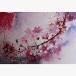 An original watercolor painting titled 'Crimson Petal Dance' by Shama Jindani, featuring vibrant red and pink floral forms on delicate art paper.
