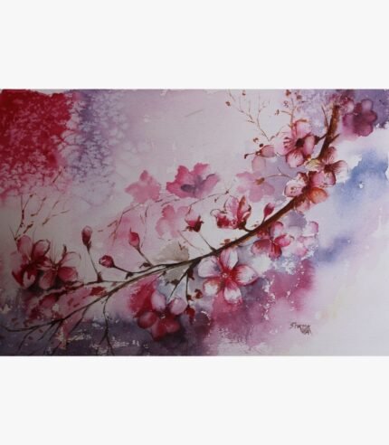 An original watercolor painting titled 'Crimson Petal Dance' by Shama Jindani, featuring vibrant red and pink floral forms on delicate art paper.