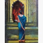 An original acrylic painting titled 'Devotional Stillness' by Sunil Sarvaiya, depicting a woman in a blue sari performing a ritual at a temple shrine.