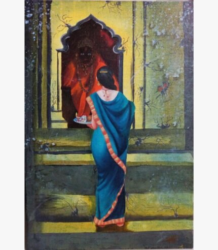 An original acrylic painting titled 'Devotional Stillness' by Sunil Sarvaiya, depicting a woman in a blue sari performing a ritual at a temple shrine.