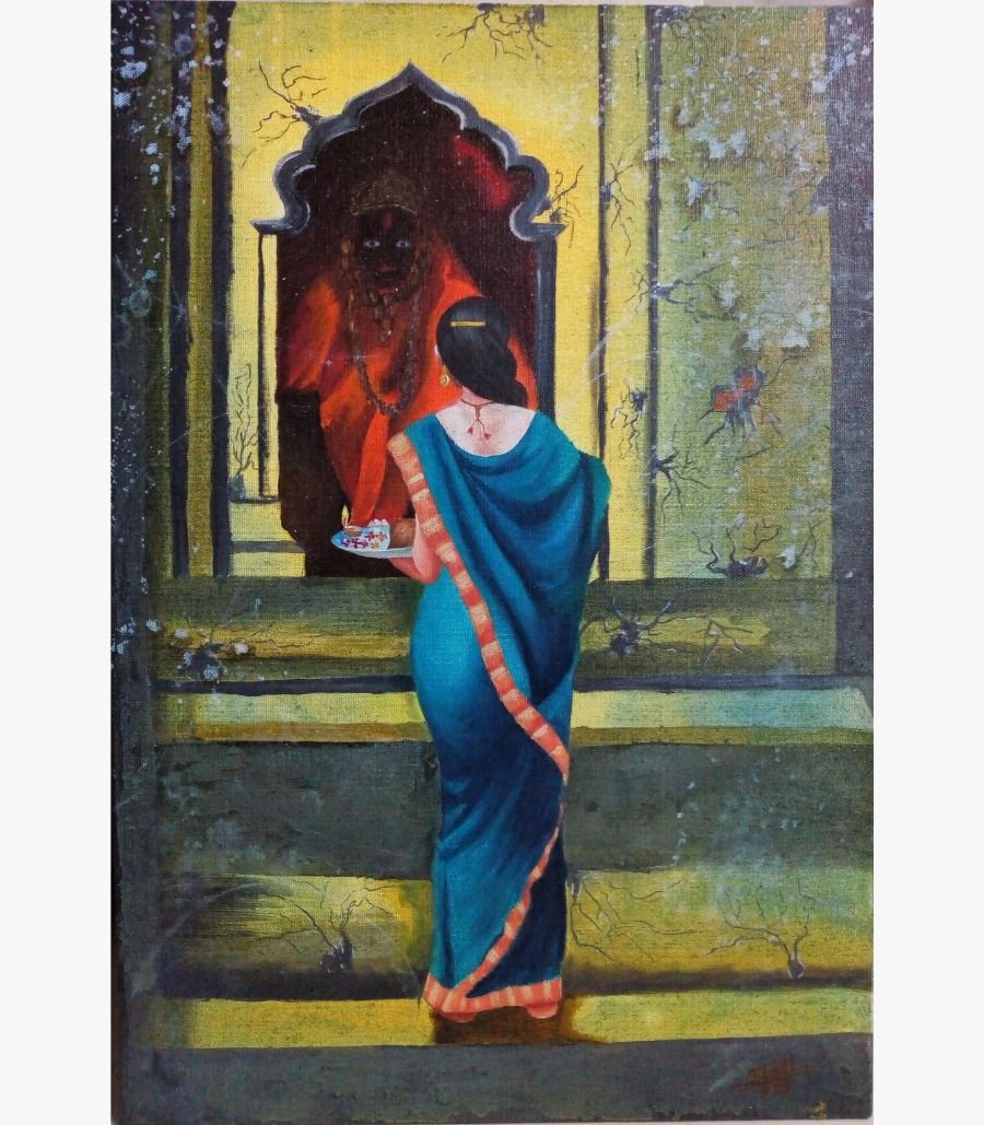 Devotional Stillness by Sunil Sarvaiya An original acrylic painting titled 'Devotional Stillness' by Sunil Sarvaiya, depicting a woman in a blue sari performing a ritual at a temple shrine.