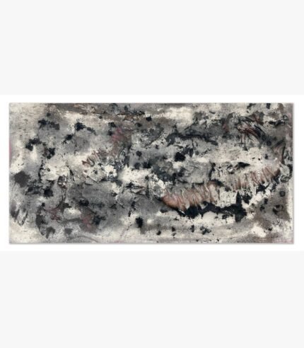 An expressive abstract mixed media painting titled 'Rubicund-3' by Bhavdip Jidiya, showcasing monochromatic textures with deep charcoal and organic forms.