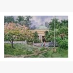 An original watercolor painting by Suresh Raval titled 'The Path to Tranquility', depicting a lush garden path leading to a dome-structured building.