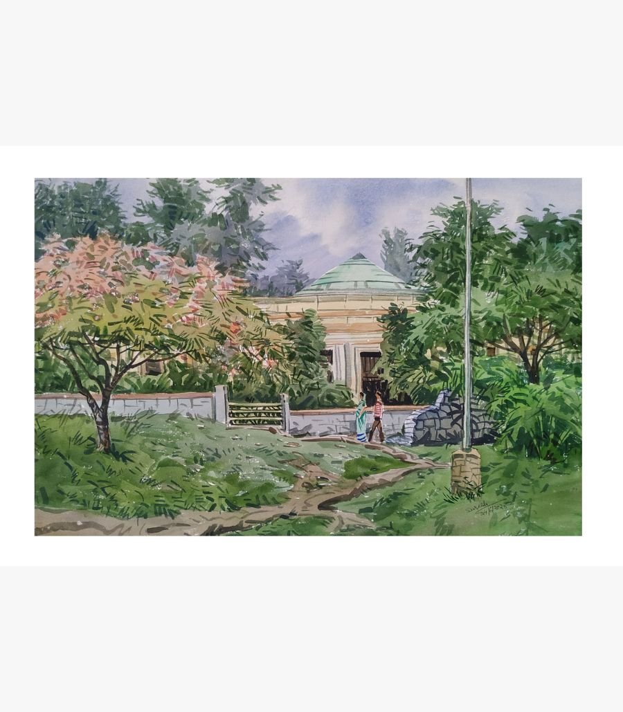 The Path to Tranquility by Suresh Raval An original watercolor painting by Suresh Raval titled 'The Path to Tranquility', depicting a lush garden path leading to a dome-structured building.