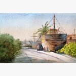 An original watercolor painting titled 'Harbor at Dawn' by Forena Shah, featuring a ship docked in a serene coastal harbor.