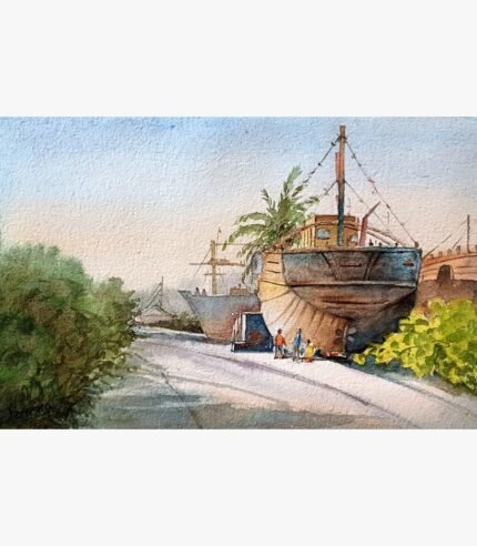 An original watercolor painting titled 'Harbor at Dawn' by Forena Shah, featuring a ship docked in a serene coastal harbor.
