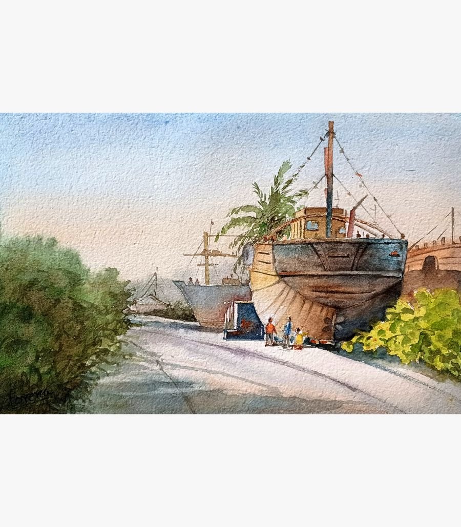 Harbor at Dawn by Forena Shah An original watercolor painting titled 'Harbor at Dawn' by Forena Shah, featuring a ship docked in a serene coastal harbor.