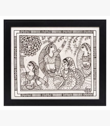 A vibrant watercolor and marker painting by Kena Anshuman featuring five traditional women in colorful veils playing a flute and drums.