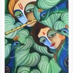 A stunning mixed media painting by Kailash Jani depicting a couple with a red parrot and traditional musical instrument against a symbolic grid background.