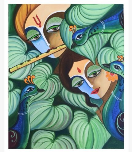 A stunning mixed media painting by Kailash Jani depicting a couple with a red parrot and traditional musical instrument against a symbolic grid background.
