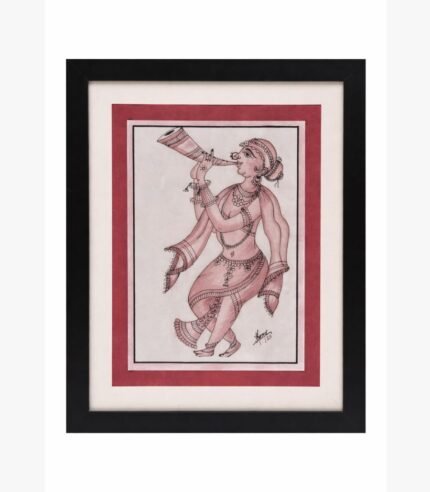 A sophisticated watercolor and marker illustration by Kena Anshuman featuring a traditional dancer playing a ceremonial horn.