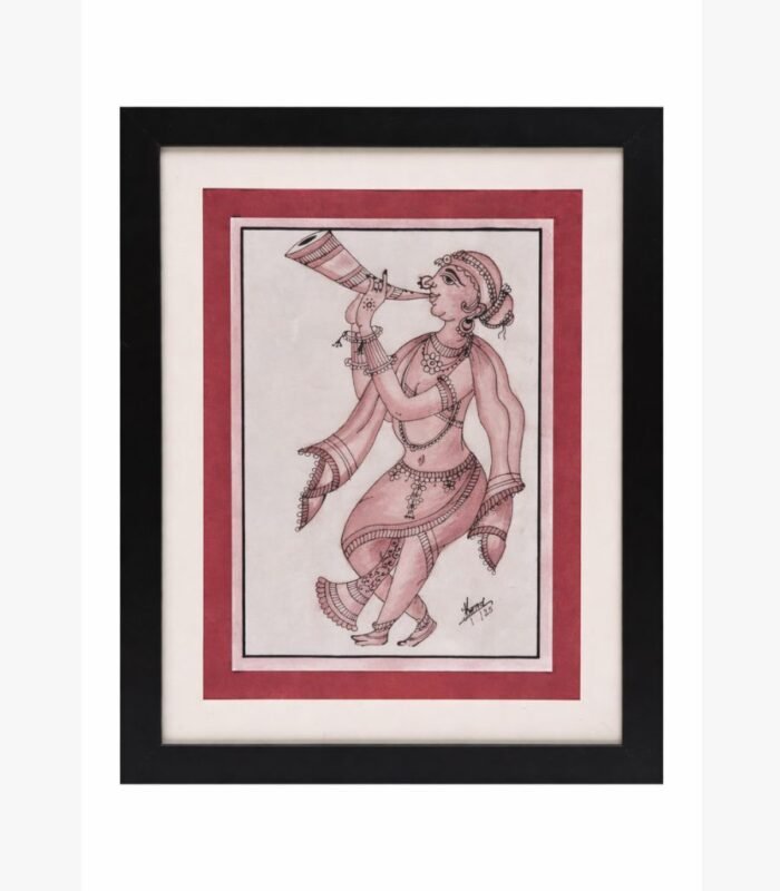 A sophisticated watercolor and marker illustration by Kena Anshuman featuring a traditional dancer playing a ceremonial horn.