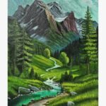 An original acrylic landscape painting on canvas by Raj Patel, depicting a lush green valley with a flowing stream leading toward majestic mountain peaks.