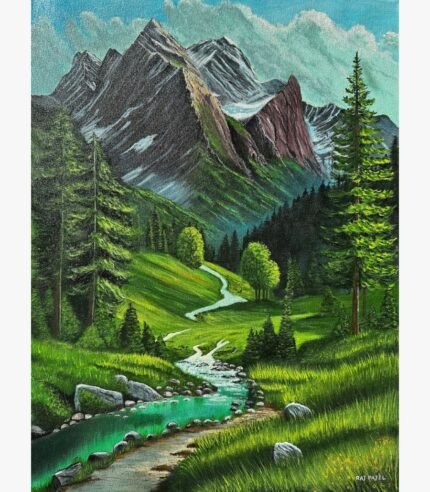 An original acrylic landscape painting on canvas by Raj Patel, depicting a lush green valley with a flowing stream leading toward majestic mountain peaks.