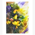 An original watercolor painting titled 'Golden Autumn Haze' by Shama Jindani, depicting a serene landscape with golden sunlight filtering through autumn leaves.