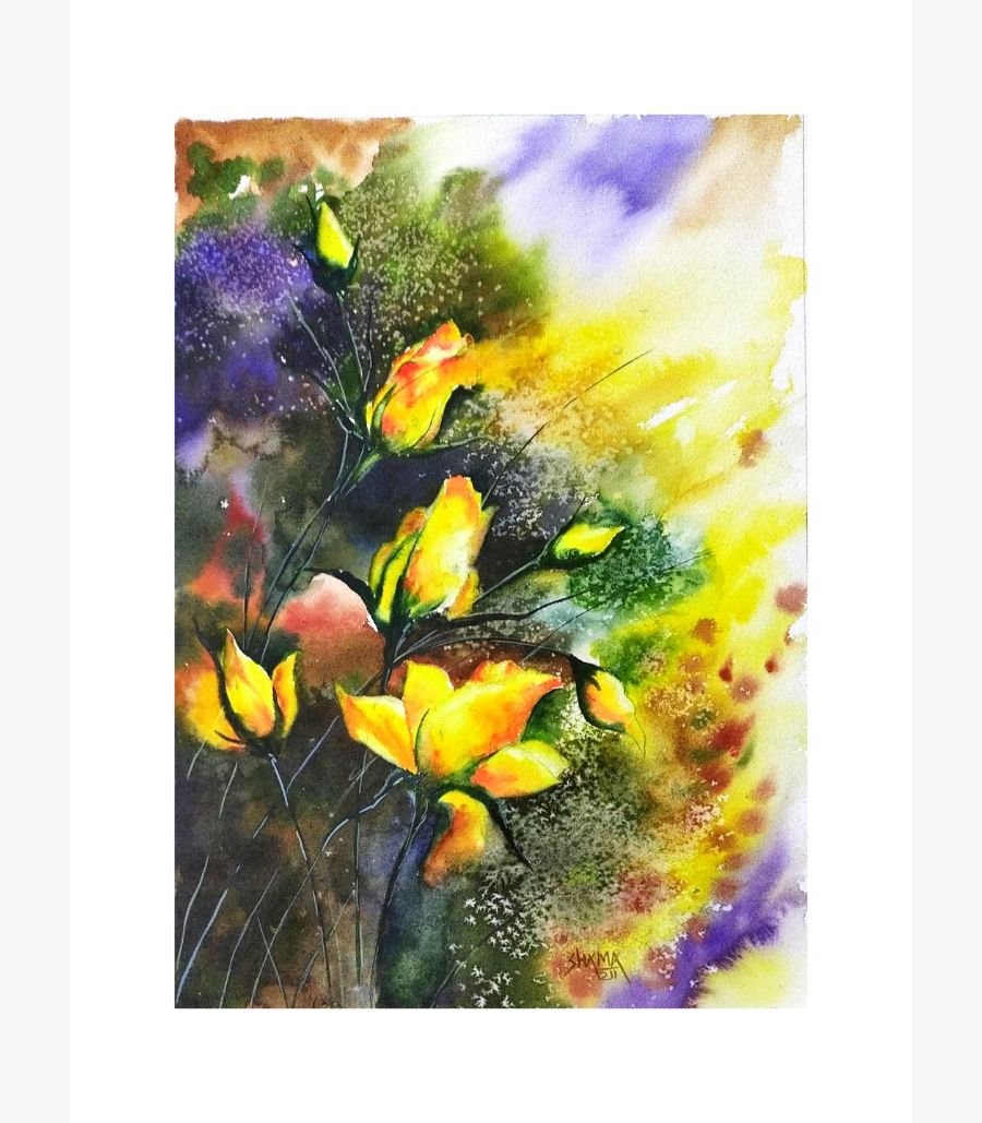Golden Autumn Haze by Shama Jindani An original watercolor painting titled 'Golden Autumn Haze' by Shama Jindani, depicting a serene landscape with golden sunlight filtering through autumn leaves.