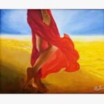An original acrylic painting titled 'Ethereal Shoreline' by Sunil Sarvaiya, depicting a woman in a flowing red dress walking along a golden beach.