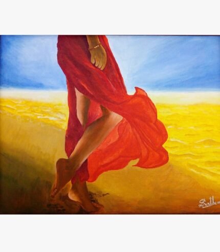 An original acrylic painting titled 'Ethereal Shoreline' by Sunil Sarvaiya, depicting a woman in a flowing red dress walking along a golden beach.