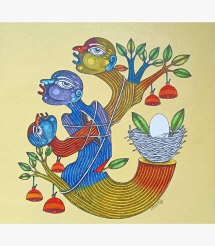 An original mixed media painting on canvas titled 'Cut me not' by Navneet Rathod, featuring intricate stylized figures and nature-inspired motifs.