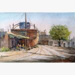 An original watercolor painting by Forena Shah titled 'Maritime Serenity', depicting a traditional ship docked in a peaceful harbor setting.