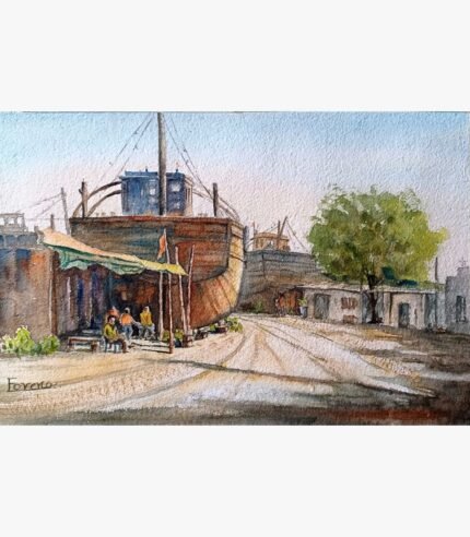 An original watercolor painting by Forena Shah titled 'Maritime Serenity', depicting a traditional ship docked in a peaceful harbor setting.