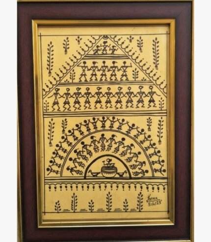 A detailed Warli tribal painting by Kena Anshuman featuring tiered rows of dancers and musicians in black marker on a golden-yellow background.