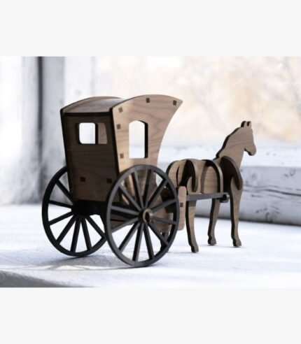 A minimalist walnut-toned wooden horse and carriage sculpture featuring clean lines and architectural precision.