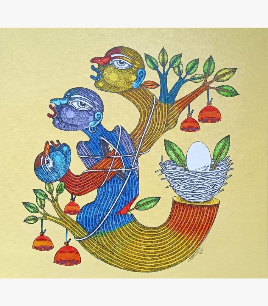 Cut me not by Navneet Rathod An original mixed media painting on canvas titled 'Cut me not' by Navneet Rathod, featuring intricate stylized figures and nature-inspired motifs.