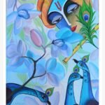 A stunning mixed media painting by Kailash Jani titled 'Divine Resonance', featuring Lord Krishna playing the flute amidst vibrant blue flowers and twin peacocks.