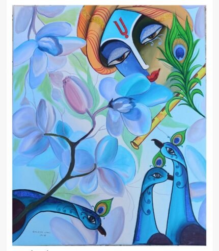 A stunning mixed media painting by Kailash Jani titled 'Divine Resonance', featuring Lord Krishna playing the flute amidst vibrant blue flowers and twin peacocks.