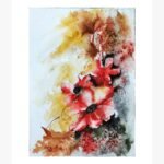 An original watercolor painting titled 'Golden Autumn Haze' by Shama Jindani, depicting a serene landscape with golden sunlight filtering through autumn leaves.