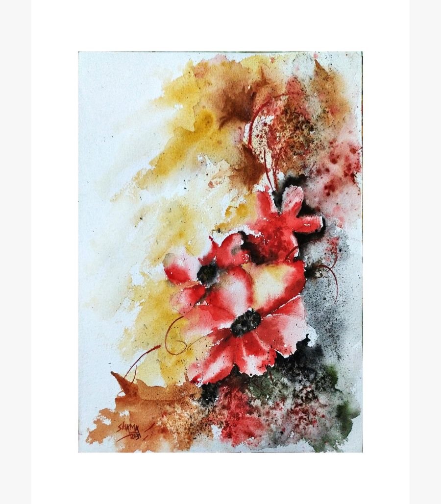 Golden Autumn Haze by Shama Jindani An original watercolor painting titled 'Golden Autumn Haze' by Shama Jindani, depicting a serene landscape with golden sunlight filtering through autumn leaves.