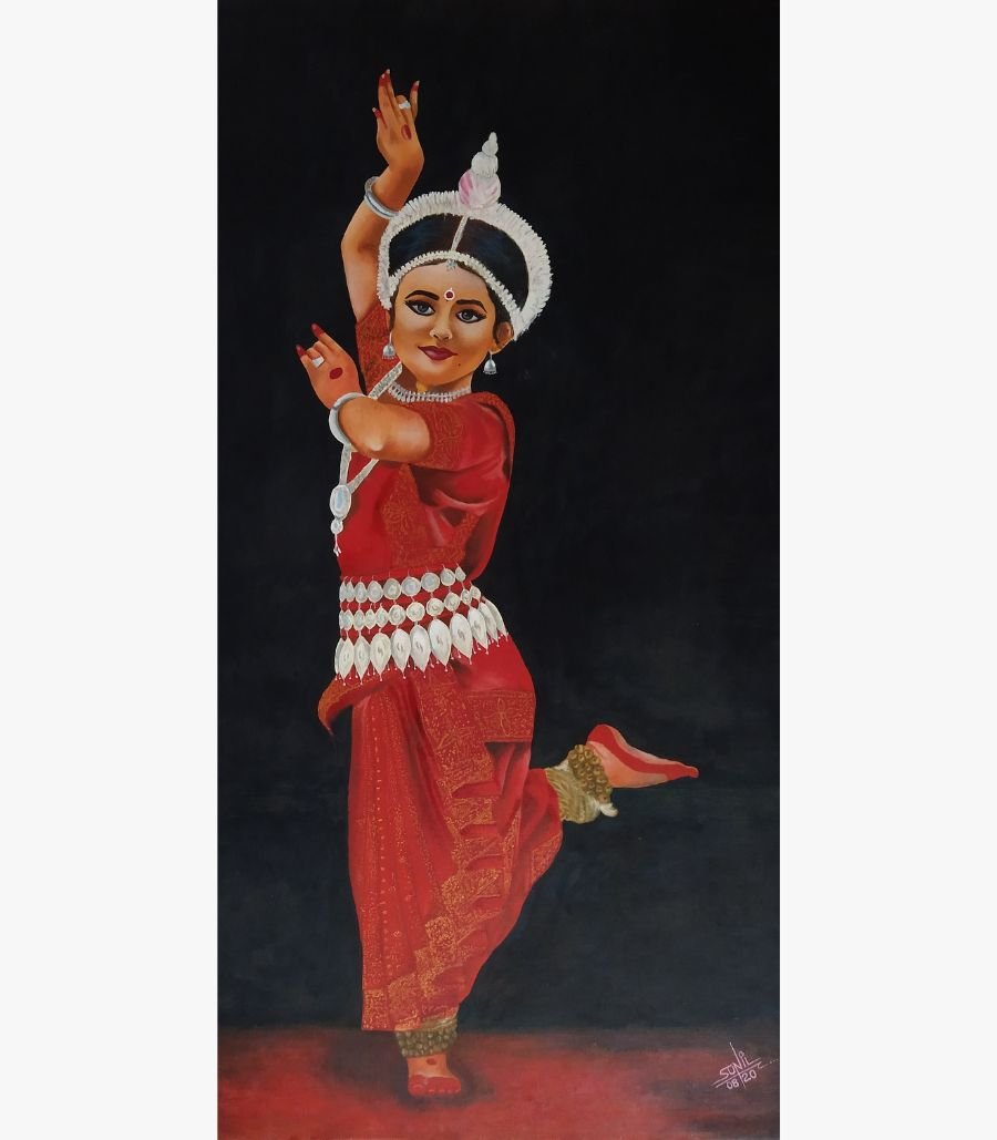 The Silent Prayer by Sunil Sarvaiya An original oil painting titled 'The Silent Prayer' by Sunil Sarvaiya, depicting an intimate moment of devotion at a traditional temple shrine.