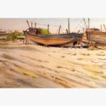 An original watercolor painting by Forena Shah titled 'Harbor Resting', depicting a traditional wooden ship docked in a peaceful harbor at sunset.