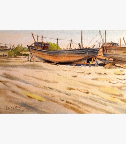 An original watercolor painting by Forena Shah titled 'Harbor Resting', depicting a traditional wooden ship docked in a peaceful harbor at sunset.