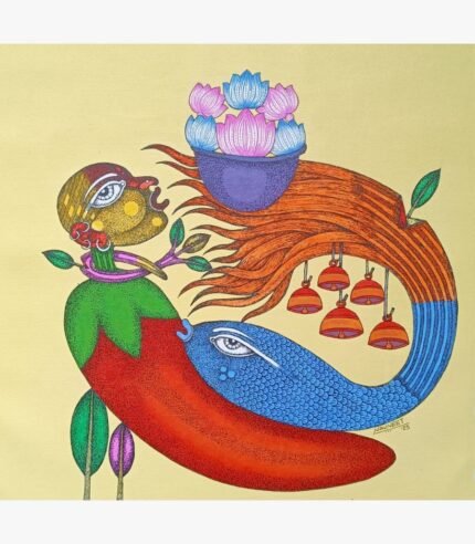 An original mixed media painting on canvas titled 'Cut me not' by Navneet Rathod, featuring intricate stylized figures and nature-inspired motifs.