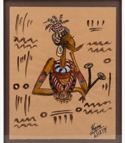 An original African-inspired portrait by Kena Anshuman featuring a woman with traditional adornments in watercolor and marker on brown paper.