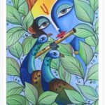 An original mixed media painting by Kailesh Jani titled 'Divine Serenity', showcasing Lord Krishna playing the flute amidst lush green foliage and two peacocks.