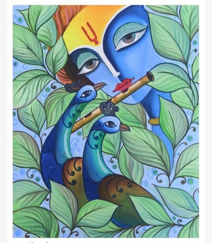 An original mixed media painting by Kailesh Jani titled 'Divine Serenity', showcasing Lord Krishna playing the flute amidst lush green foliage and two peacocks.