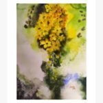 An original watercolor painting titled 'Golden Autumn Haze' by Shama Jindani, depicting a serene landscape with golden sunlight filtering through autumn leaves.