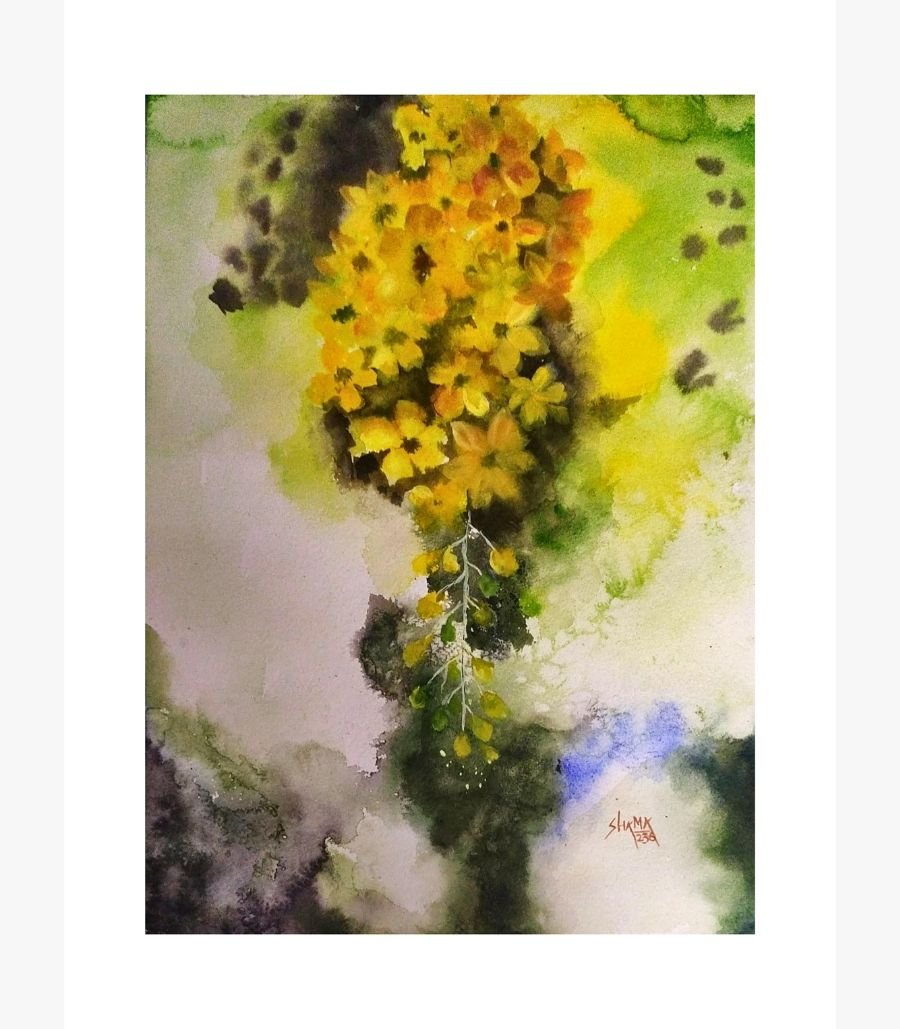 Golden Autumn Haze by Shama Jindani An original watercolor painting titled 'Golden Autumn Haze' by Shama Jindani, depicting a serene landscape with golden sunlight filtering through autumn leaves.